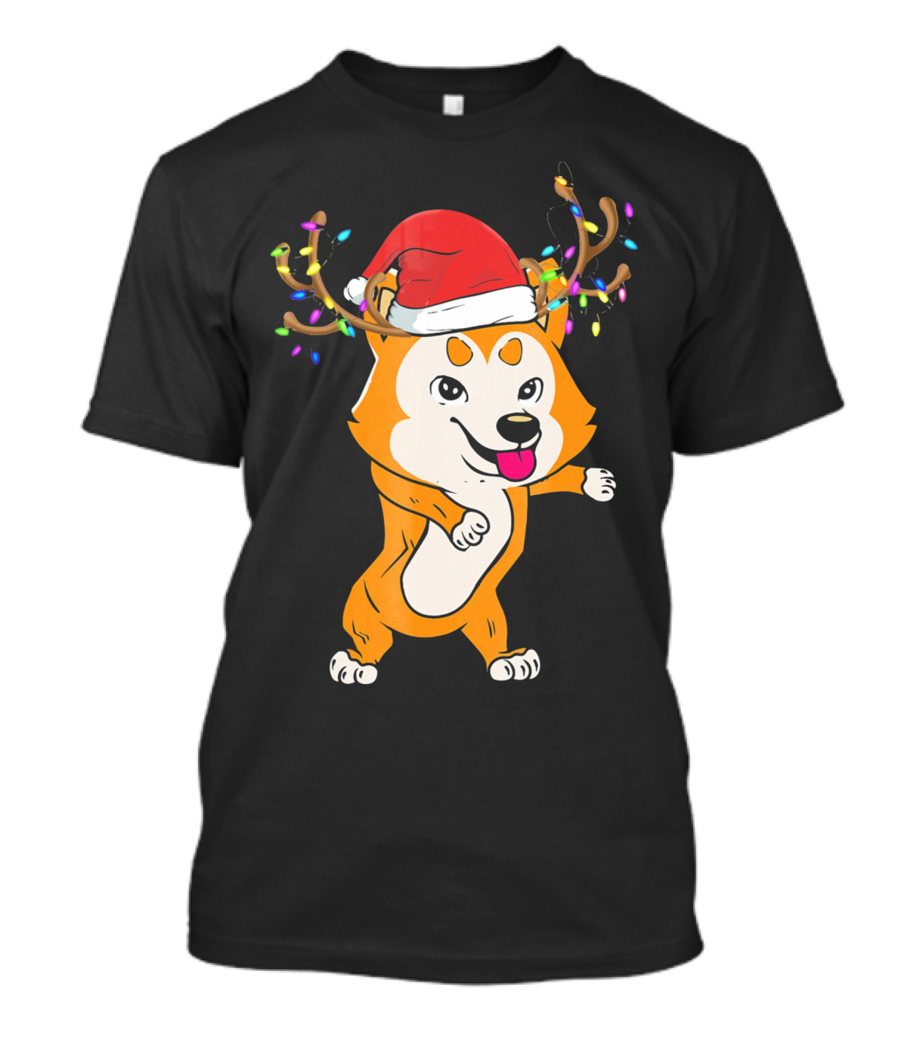 Akita Dog With Santa Hat And Reindeer Antlers Christmas Lights T-Shirt