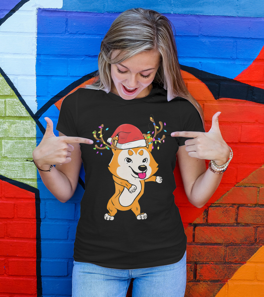 Akita Dog With Santa Hat And Reindeer Antlers Christmas Lights T-Shirt