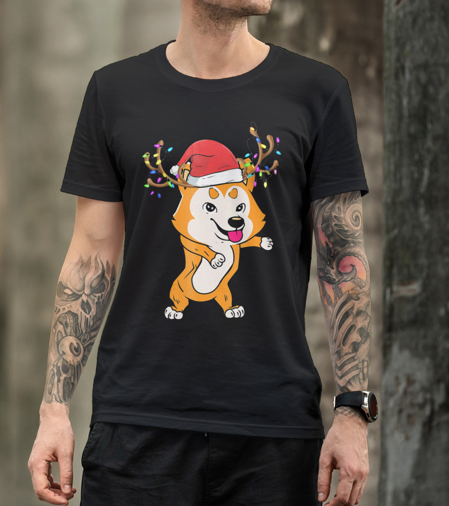 Akita Dog With Santa Hat And Reindeer Antlers Christmas Lights T-Shirt