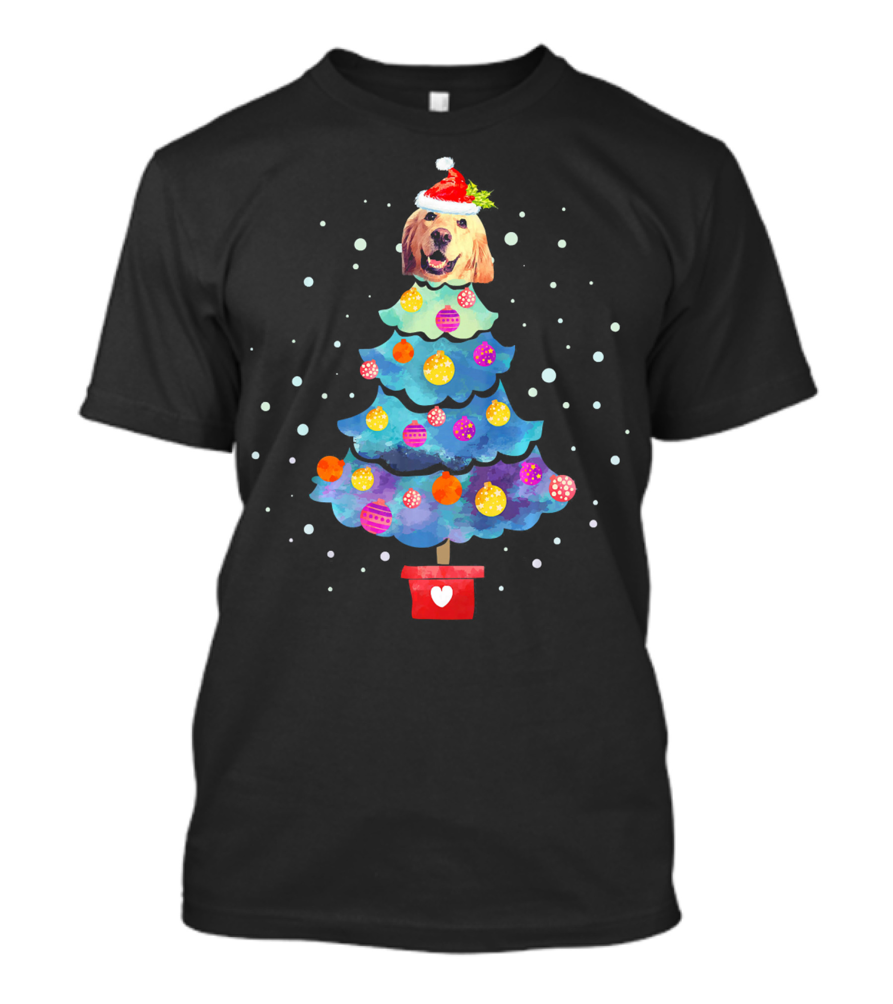 Golden Retriever Christmas Tree With Santa Hat And Snowflakes T-Shirt