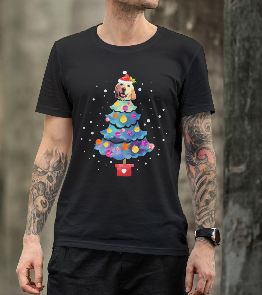 Golden Retriever Christmas Tree With Santa Hat And Snowflakes T-Shirt