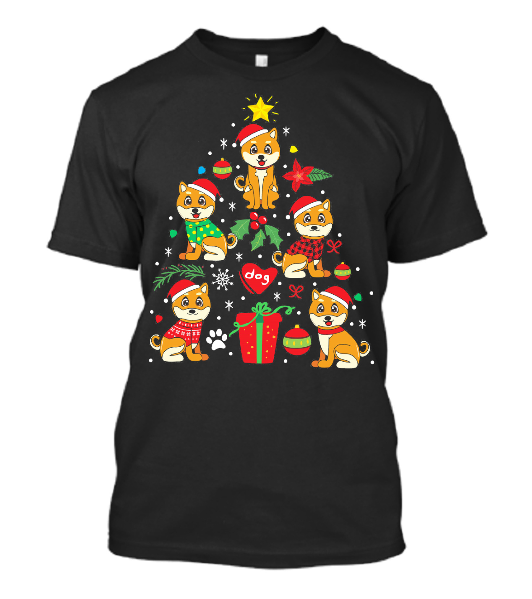 Akita Dog Christmas Tree With Ornaments And Santa Hats T-Shirt