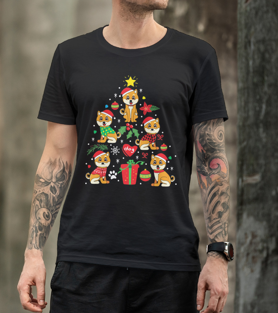 Akita Dog Christmas Tree With Ornaments And Santa Hats T-Shirt