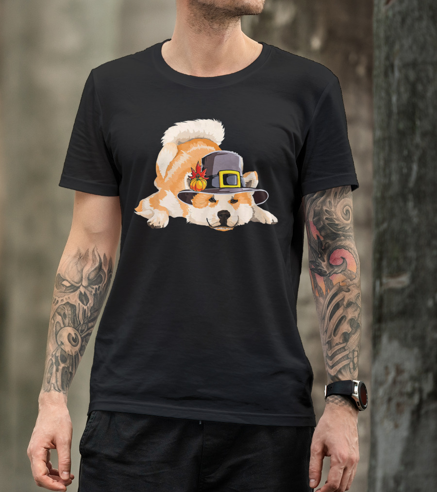 Akita Inu In Pilgrim Hat With Pumpkin Accent T-Shirt