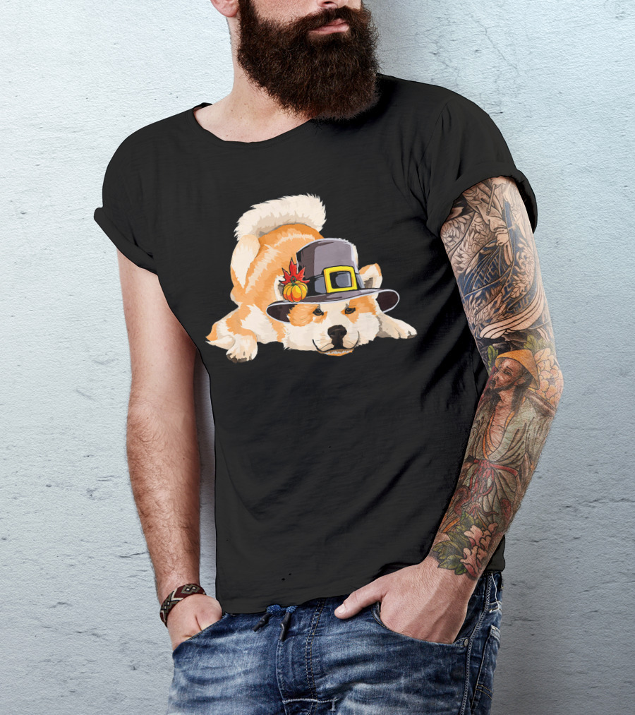 Akita Inu In Pilgrim Hat With Pumpkin Accent T-Shirt