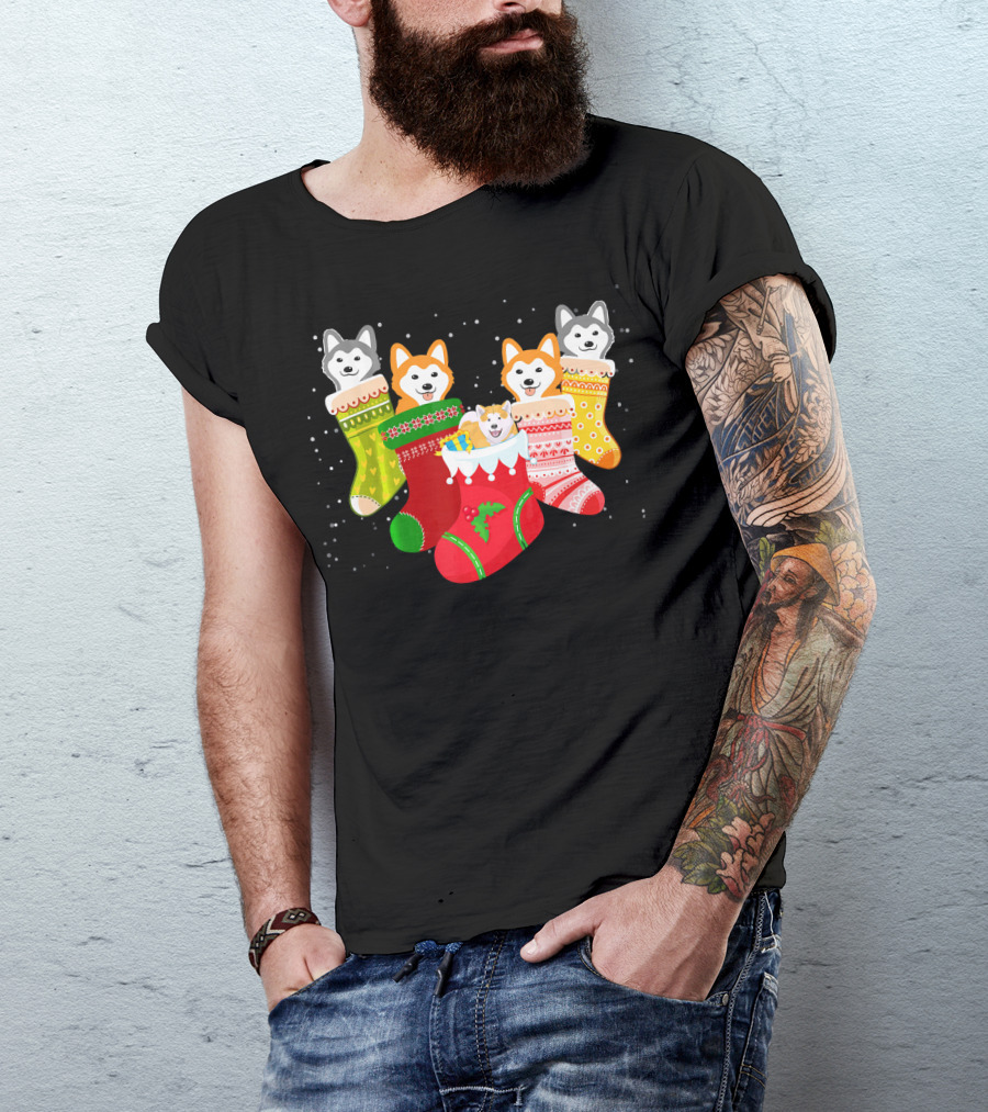 Akita Puppies In Christmas Stockings Holiday Humor Dog Love T-Shirt