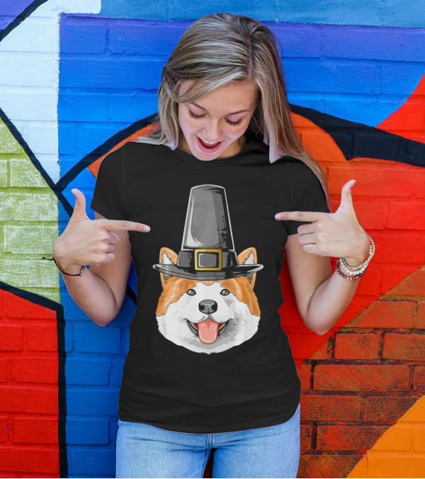 Akita Dog In Pilgrim Hat Thanksgiving Costume T-Shirt
