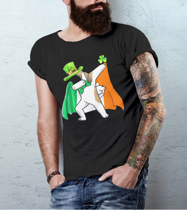Dabbing Akita Dog Wearing Irish Flag Cape And Green Shamrock Hat T-Shirt