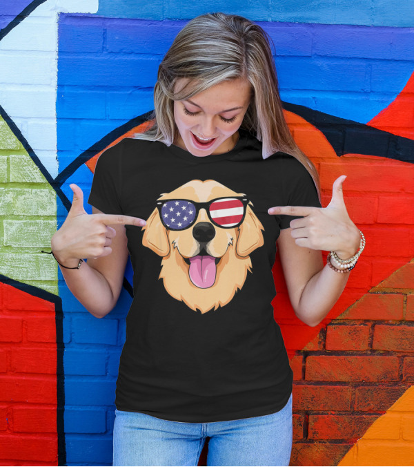 Golden Retriever With American Flag Sunglasses 4th Of July T-Shirt