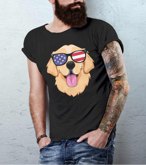 Golden Retriever With American Flag Sunglasses 4th Of July T-Shirt