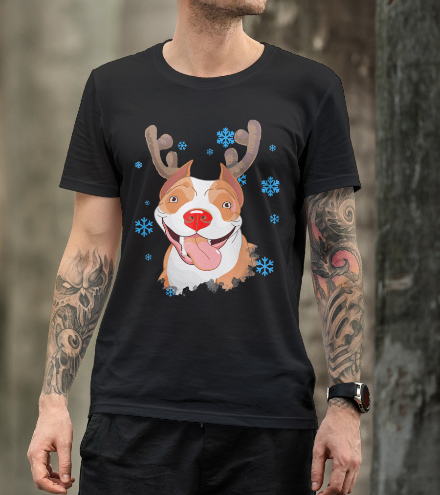 Jolly Pit Bull With Reindeer Antlers And Snowflakes T-Shirt