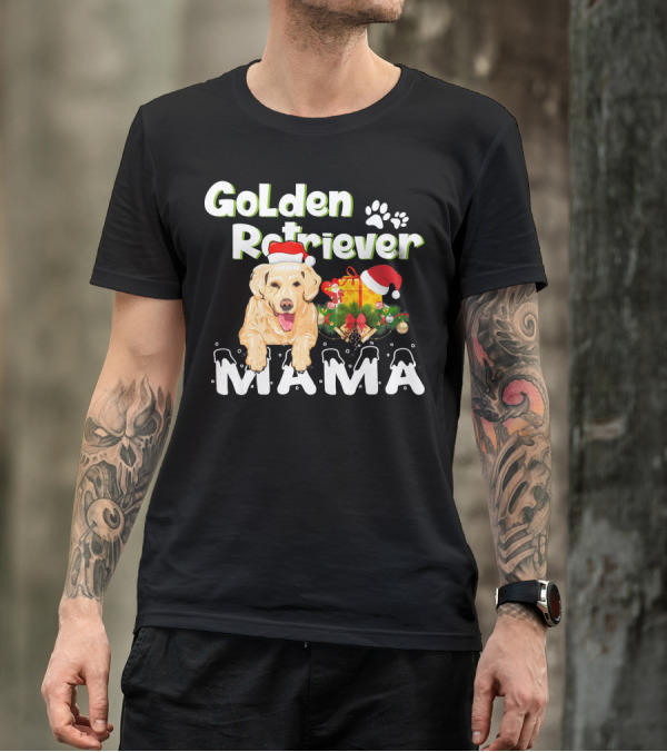 GoLden Retriever Christmas Mama Holiday With Santa Hat And Gifts T-Shirt