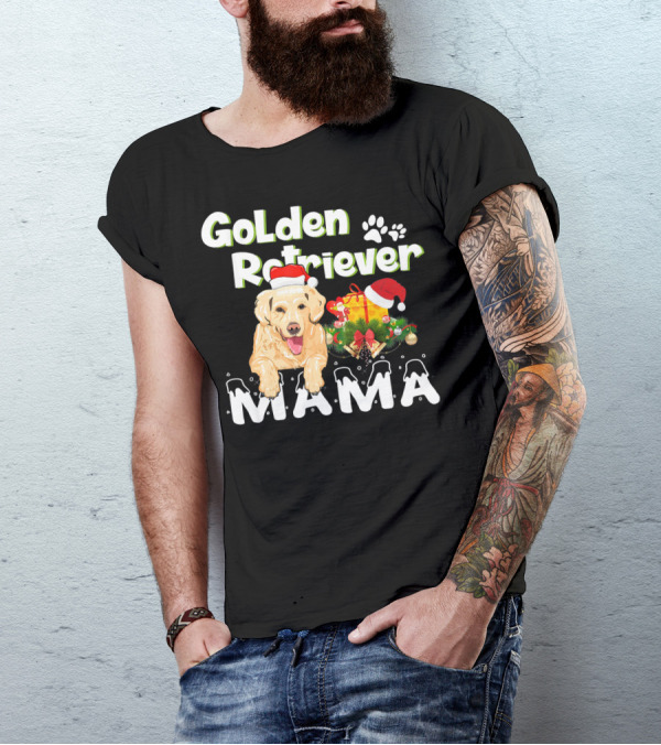 GoLden Retriever Christmas Mama Holiday With Santa Hat And Gifts T-Shirt