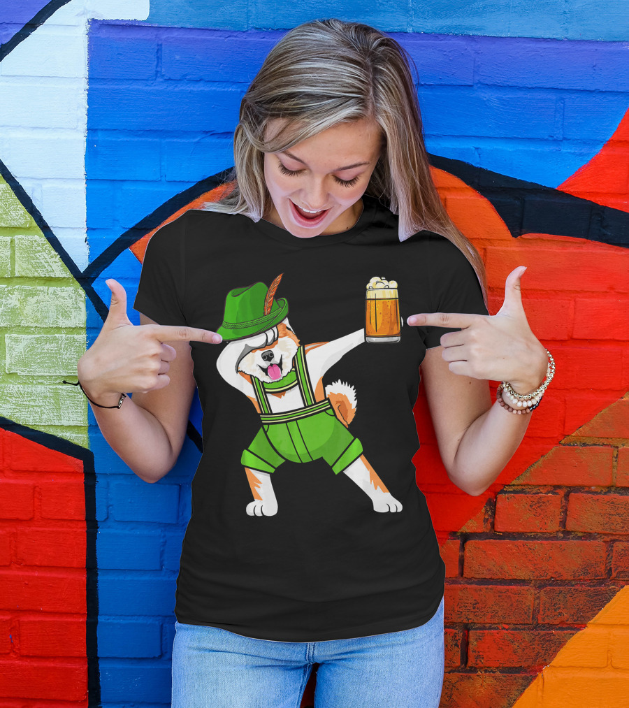 Dabbing Akita In Lederhosen With Beer Oktoberfest T-Shirt
