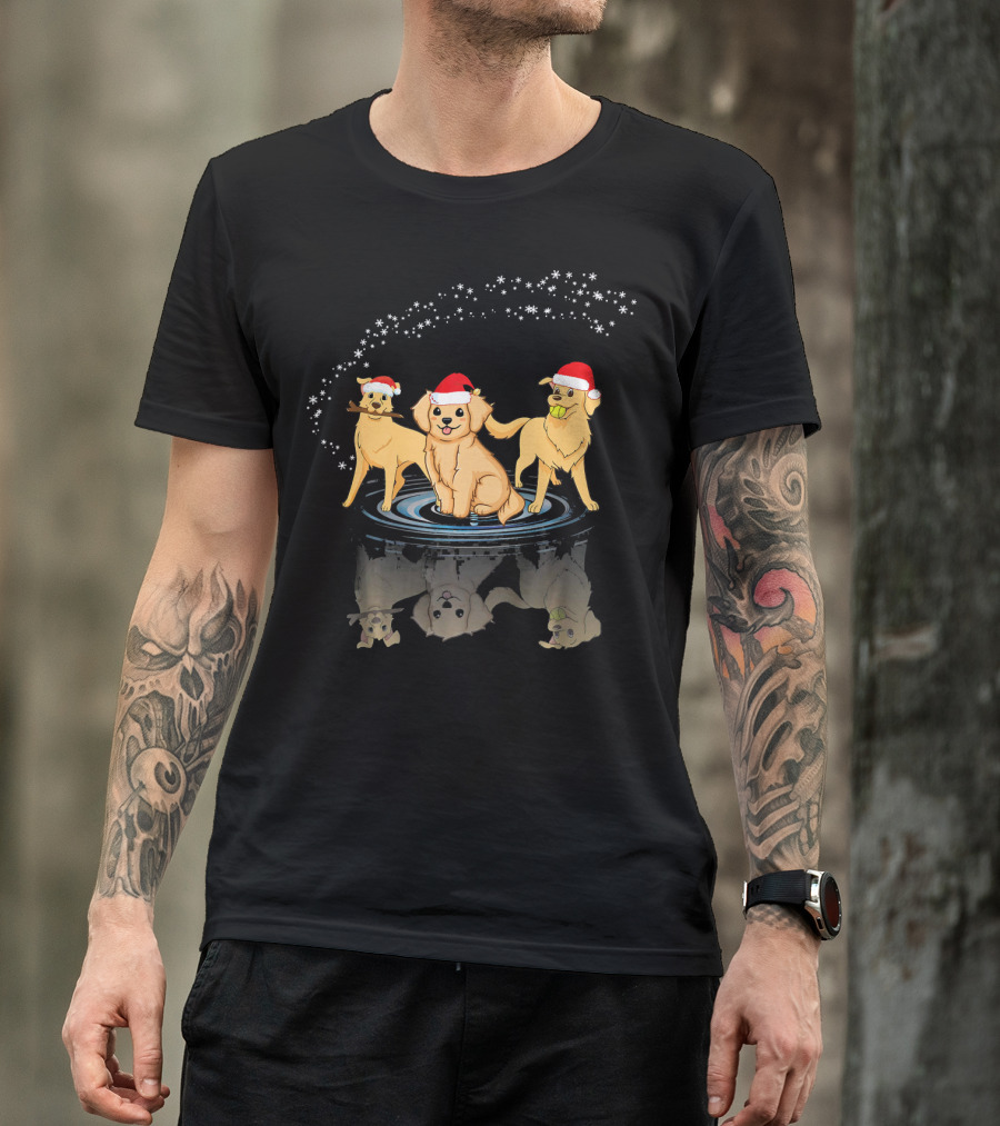 Golden Retriever Christmas Dogs In Santa Hats With Snowflakes T-Shirt