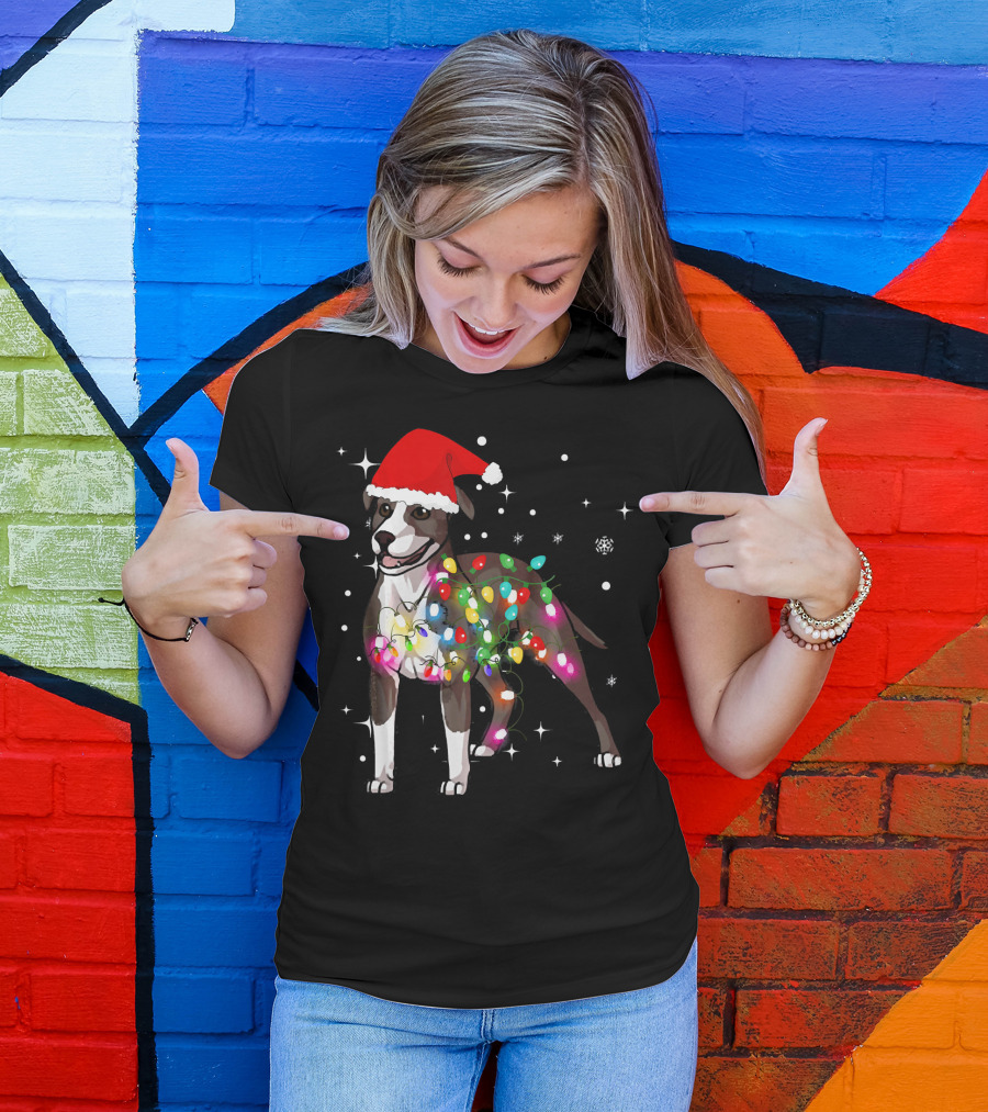Santa Hat Christmas Lights American Pit Bull Terrier T-Shirt