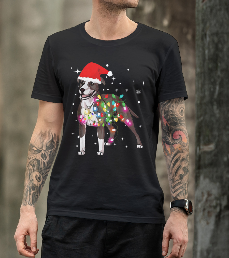 Santa Hat Christmas Lights American Pit Bull Terrier T-Shirt