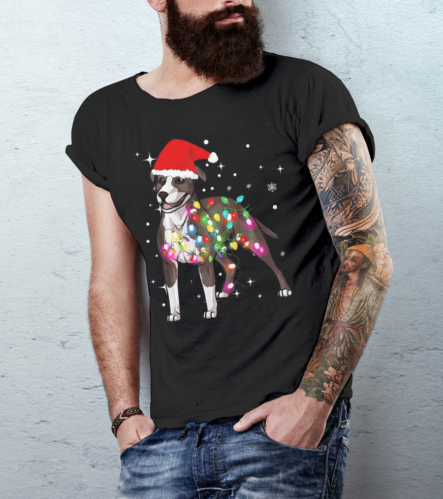 Santa Hat Christmas Lights American Pit Bull Terrier T-Shirt