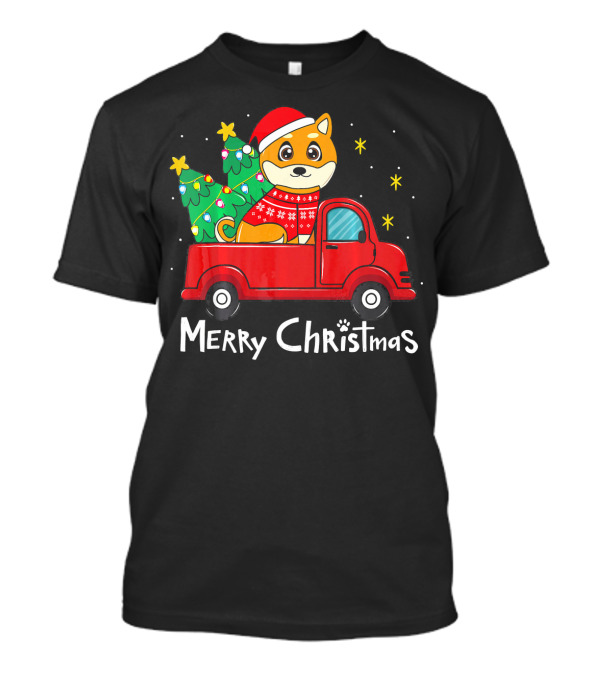 Merry Christmas Akita In Santa Hat With Tree In Red Truck T-Shirt