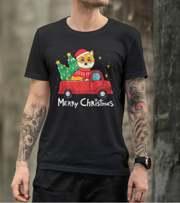 Merry Christmas Akita In Santa Hat With Tree In Red Truck T-Shirt