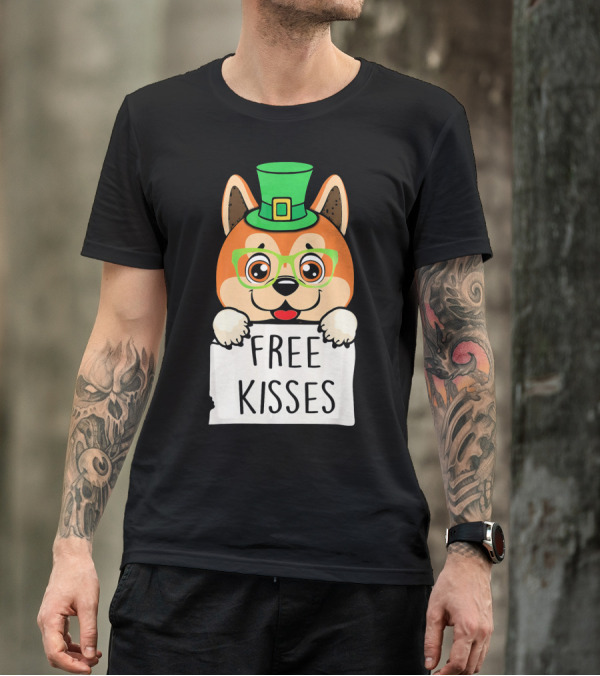 Free Kisses Akita Dog Leprechaun With Green Hat And Glasses T-Shirt