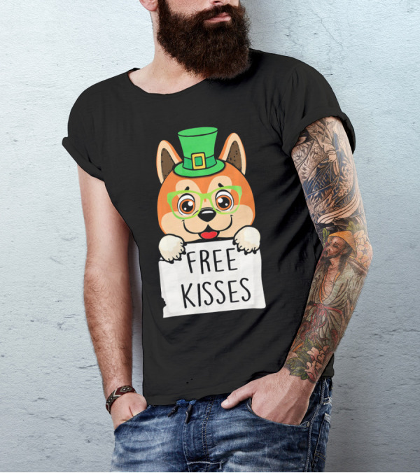 Free Kisses Akita Dog Leprechaun With Green Hat And Glasses T-Shirt