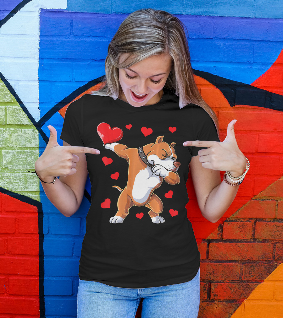 Dabbing Pit Bull Holding Heart Surrounded By Red Hearts Valentine's Day T-Shirt