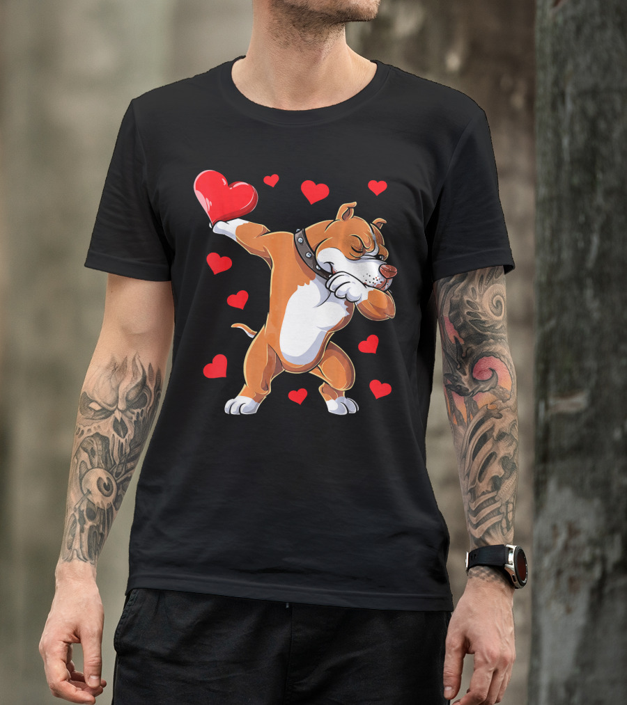 Dabbing Pit Bull Holding Heart Surrounded By Red Hearts Valentine's Day T-Shirt