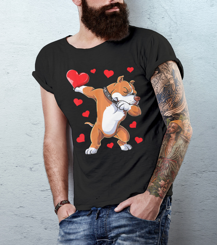 Dabbing Pit Bull Holding Heart Surrounded By Red Hearts Valentine's Day T-Shirt