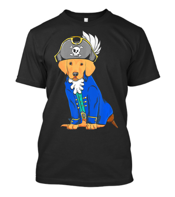Golden Retriever In Pirate Costume With Skull Hat And Blue Coat T-Shirt