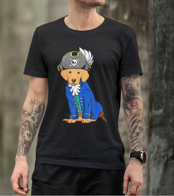Golden Retriever In Pirate Costume With Skull Hat And Blue Coat T-Shirt