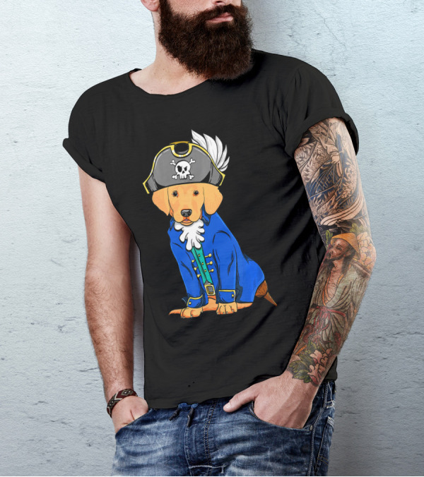 Golden Retriever In Pirate Costume With Skull Hat And Blue Coat T-Shirt