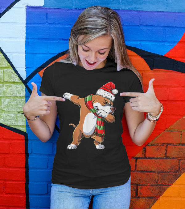 Pit Bull Dabbing In Santa Hat And Christmas Scarf T-Shirt