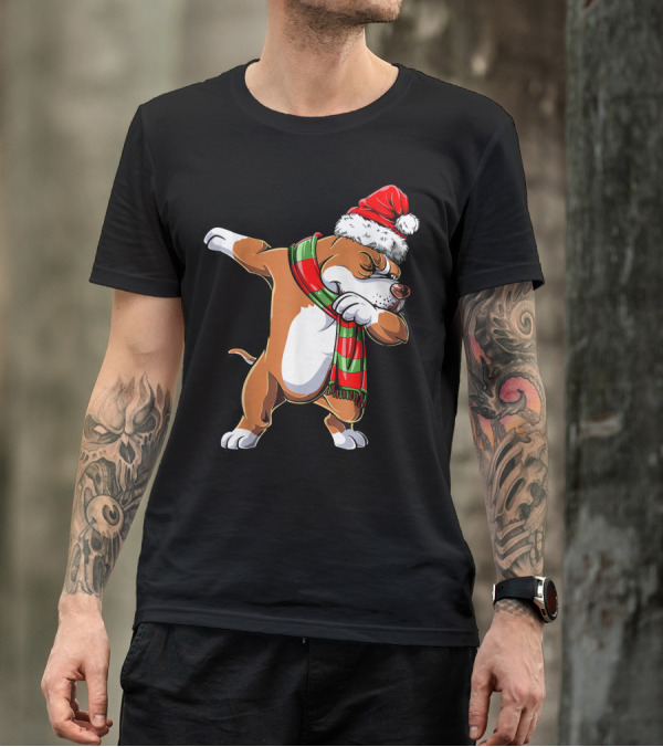 Pit Bull Dabbing In Santa Hat And Christmas Scarf T-Shirt