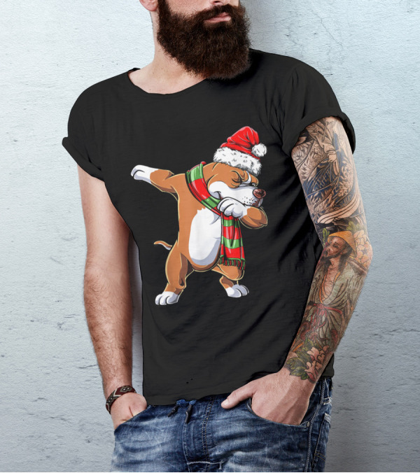 Pit Bull Dabbing In Santa Hat And Christmas Scarf T-Shirt