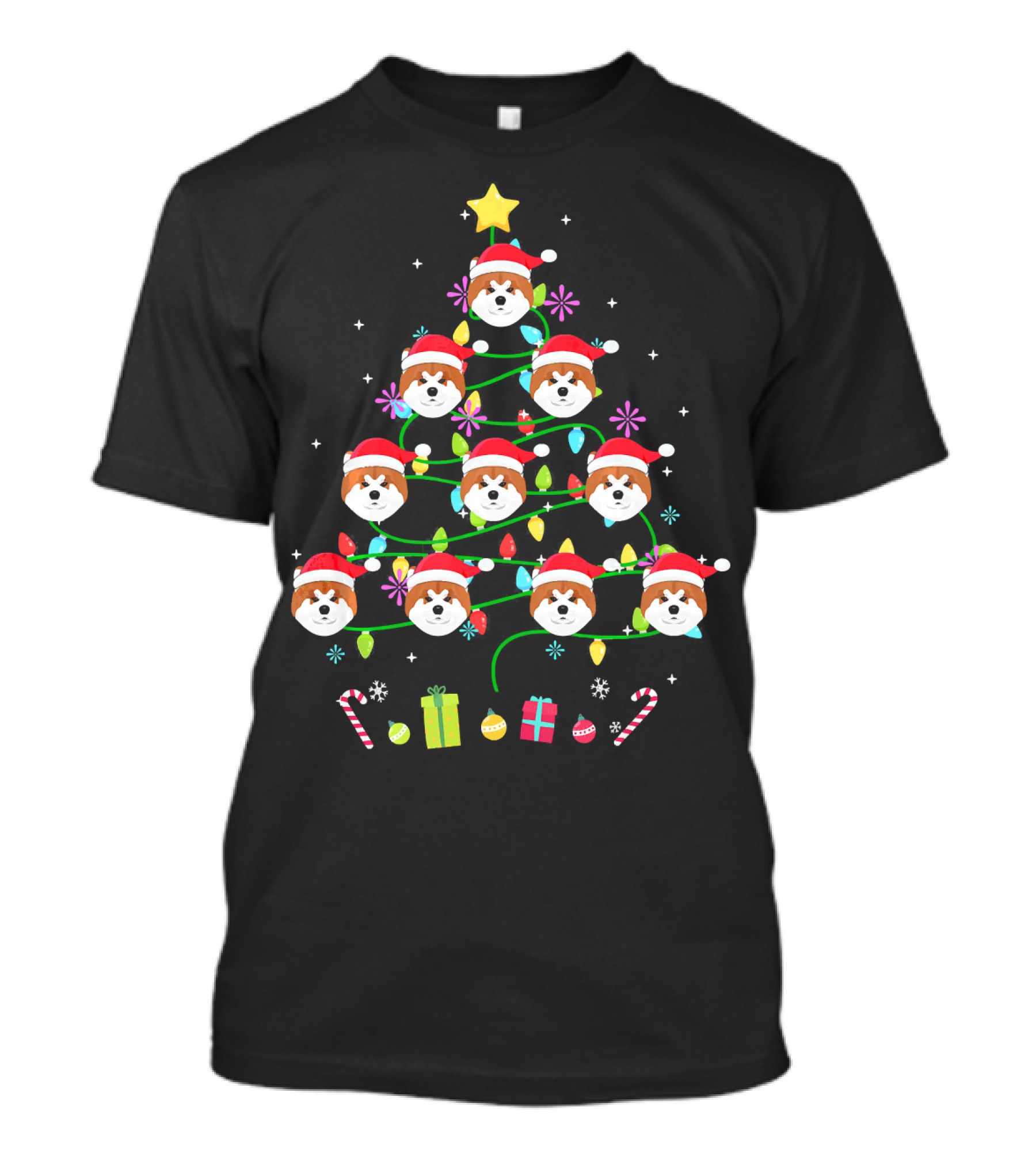 Funny Akita Christmas Tree Santa Hats And Colorful Holiday Lights T-Shirt