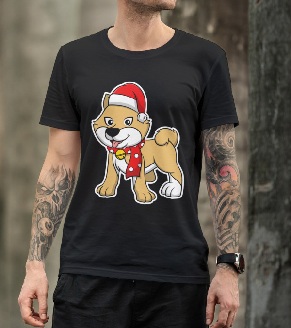 Christmas Akita Puppy In Santa Hat And Scarf T-Shirt