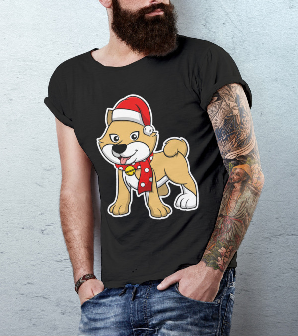 Christmas Akita Puppy In Santa Hat And Scarf T-Shirt