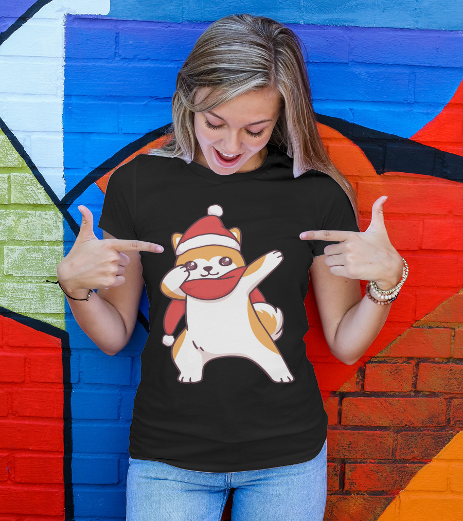 Akita Puppy Dog In Winter Santa Hat Dabbing T-Shirt