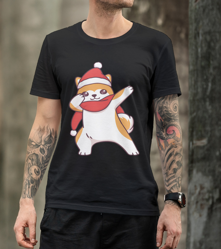 Akita Puppy Dog In Winter Santa Hat Dabbing T-Shirt