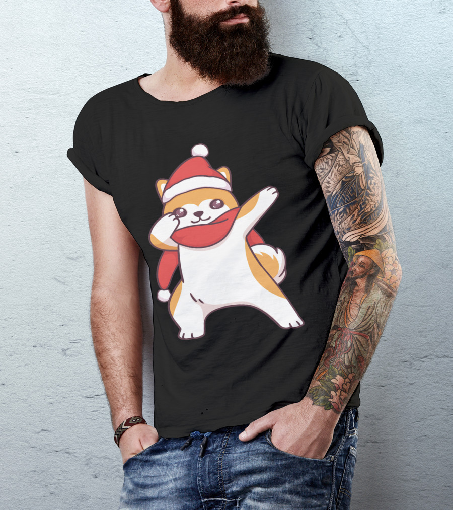 Akita Puppy Dog In Winter Santa Hat Dabbing T-Shirt