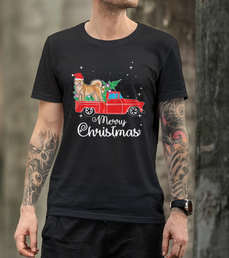 Merry Christmas Akita In Red Truck T-Shirt