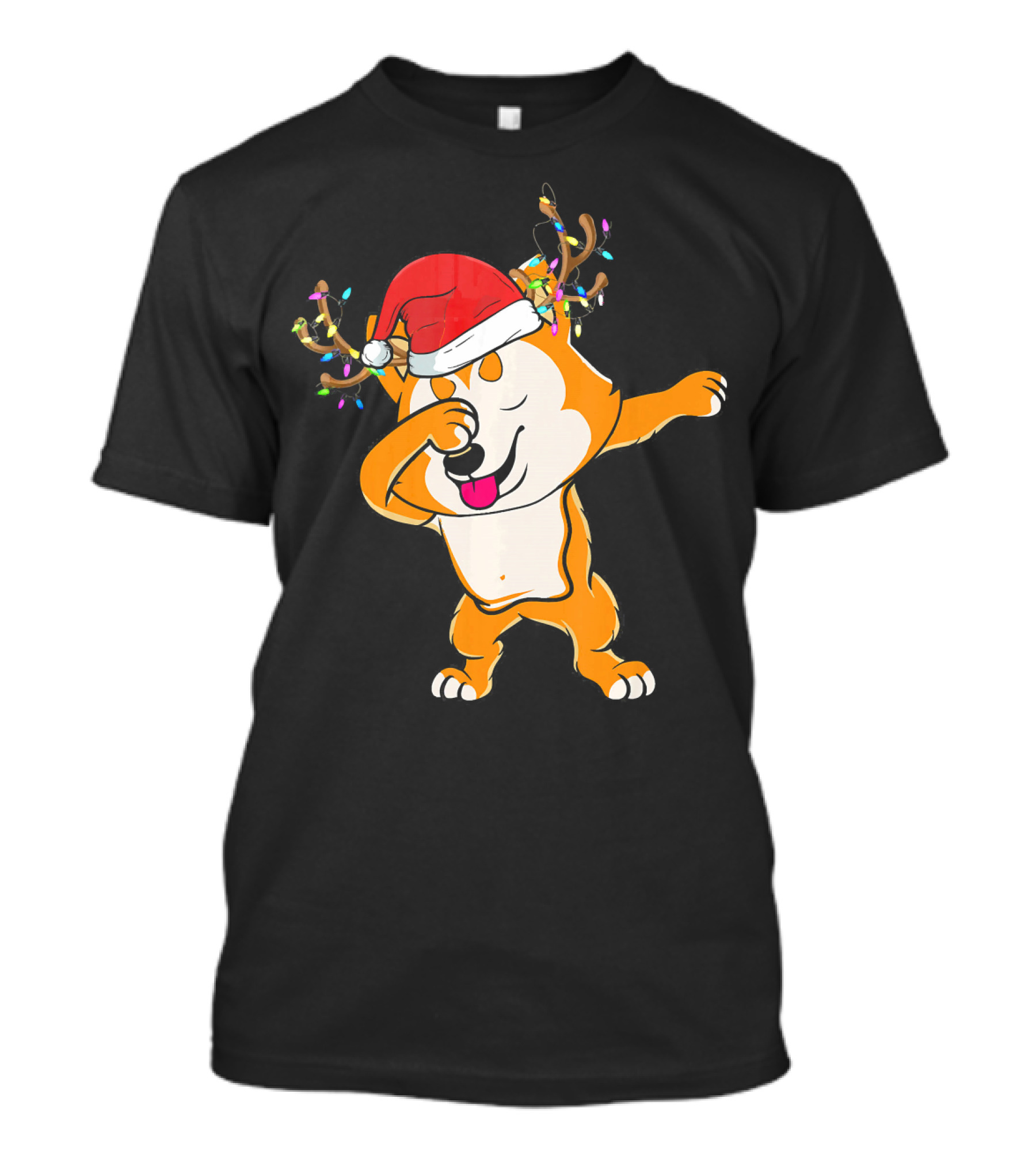 Dabbing Akita Inu Santa Hat Reindeer Antlers Christmas Lights T-Shirt
