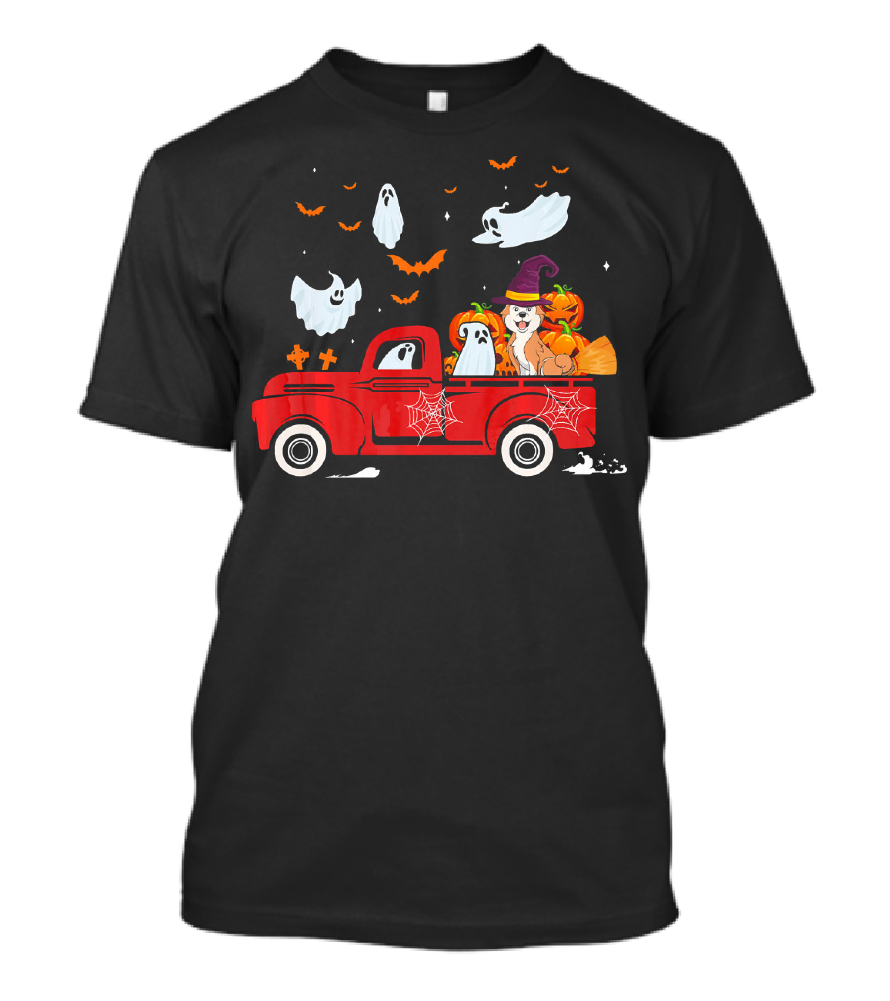 Akita With Pumpkin Red Truck Halloween Ghosts Witch Hat Spiders Bats T-Shirt