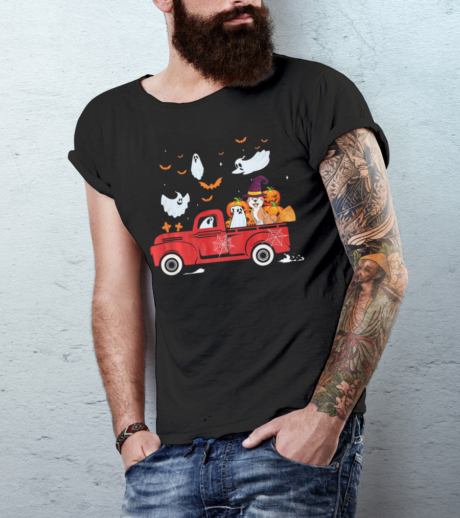 Akita With Pumpkin Red Truck Halloween Ghosts Witch Hat Spiders Bats T-Shirt