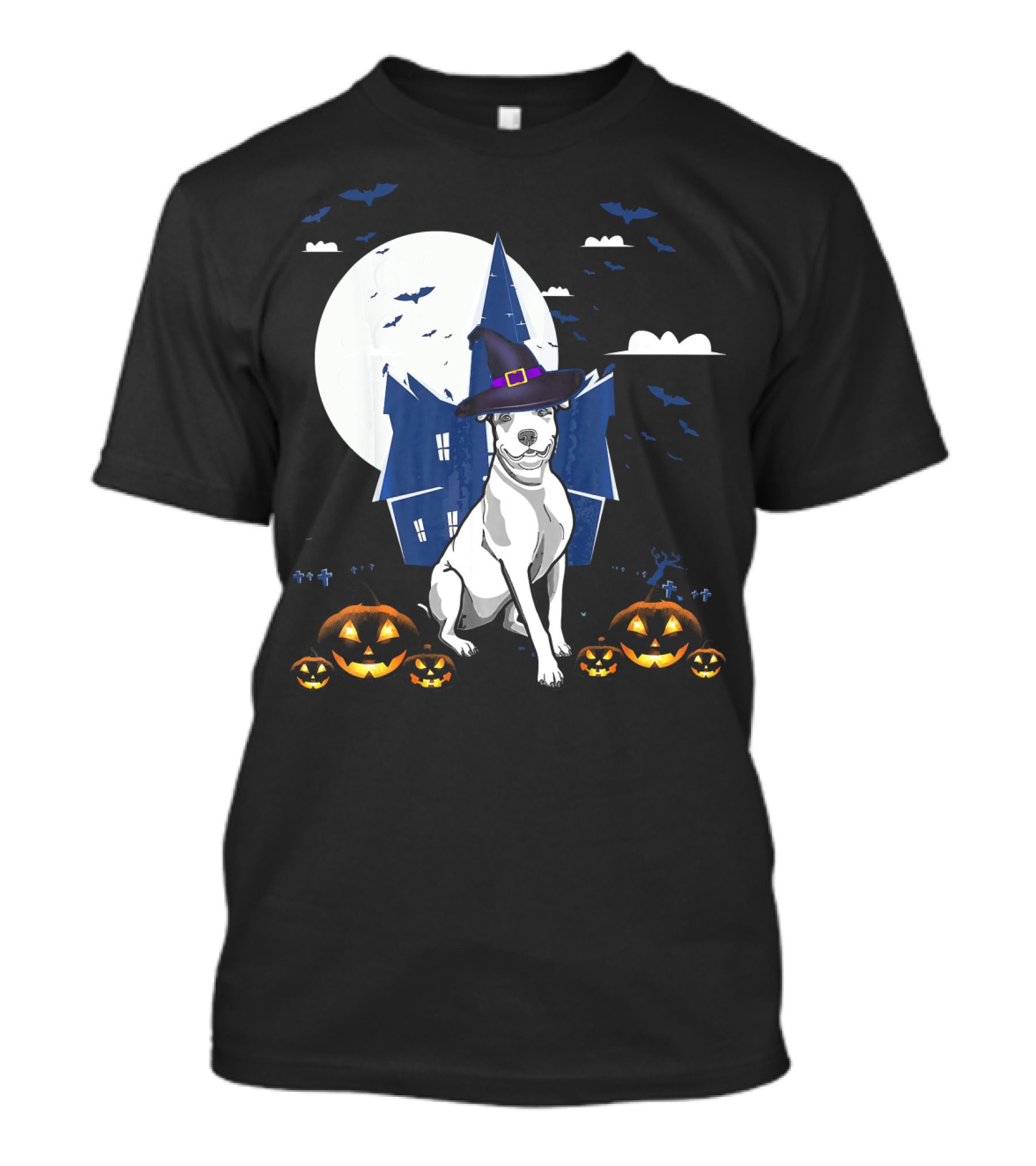 Happy Halloween Pit Bull Witch With Haunted House And Jack O'Lanterns T-Shirt