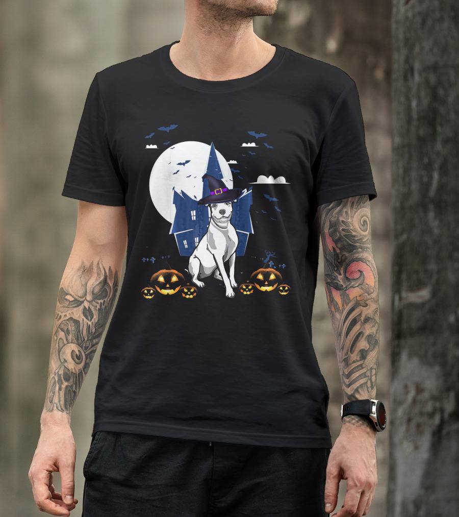 Happy Halloween Pit Bull Witch With Haunted House And Jack O'Lanterns T-Shirt
