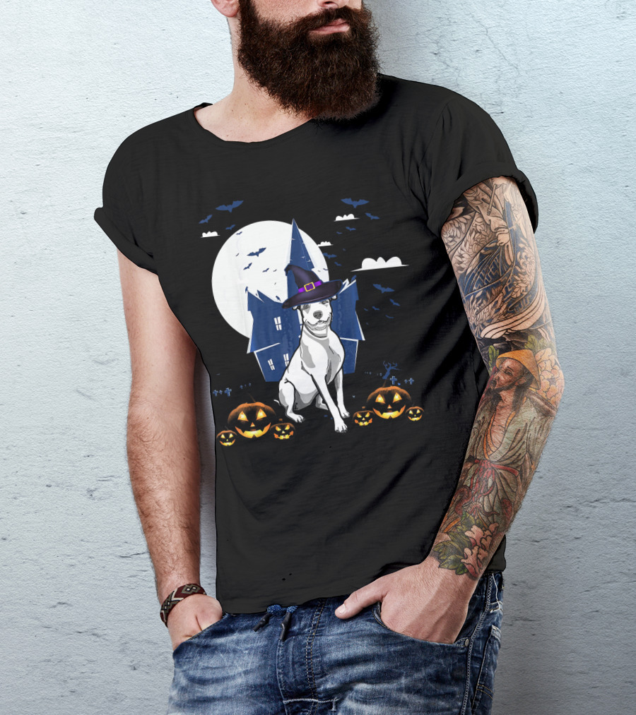 Happy Halloween Pit Bull Witch With Haunted House And Jack O'Lanterns T-Shirt