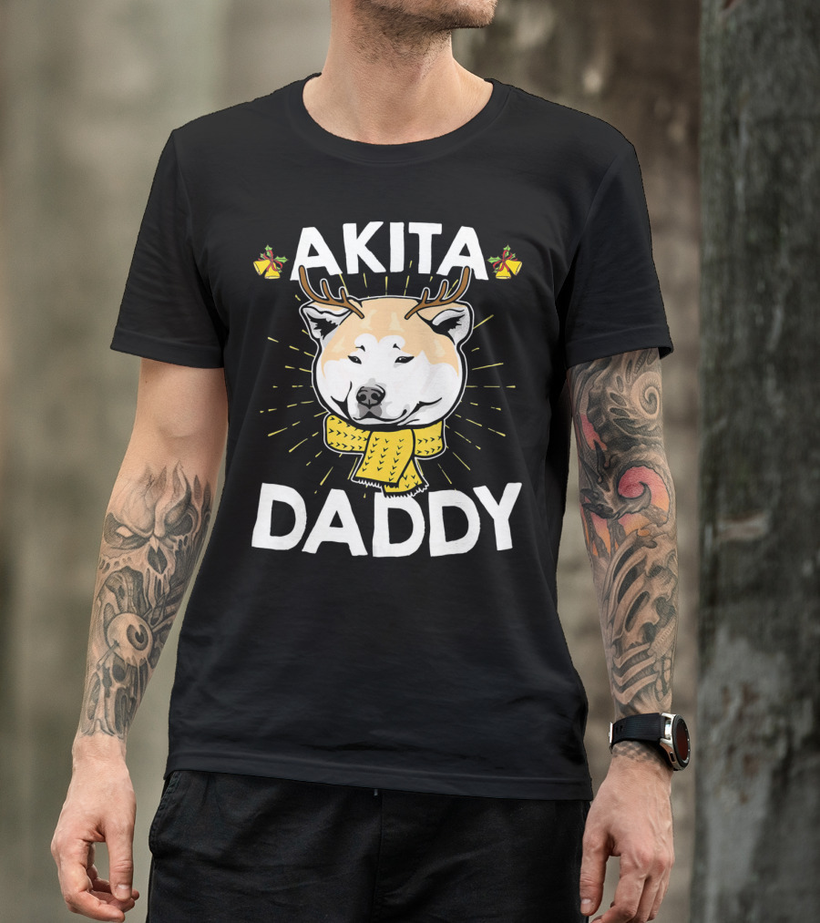 Akita Daddy Reindeer Antlers And Scarf Holiday T-Shirt