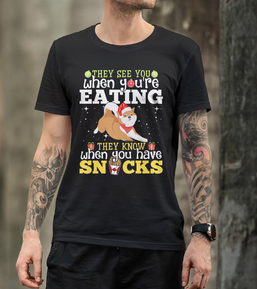 Akita Inu Xmas They See You When You're Eating Snacks Santa Hat Holiday T-Shirt